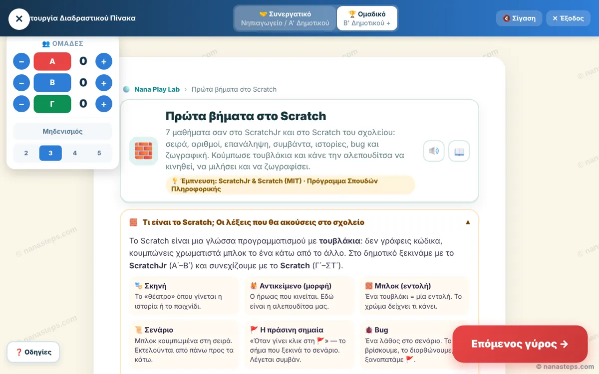 Μάθημα Scratch «Σειρά εντολών» σε λειτουργία τάξης